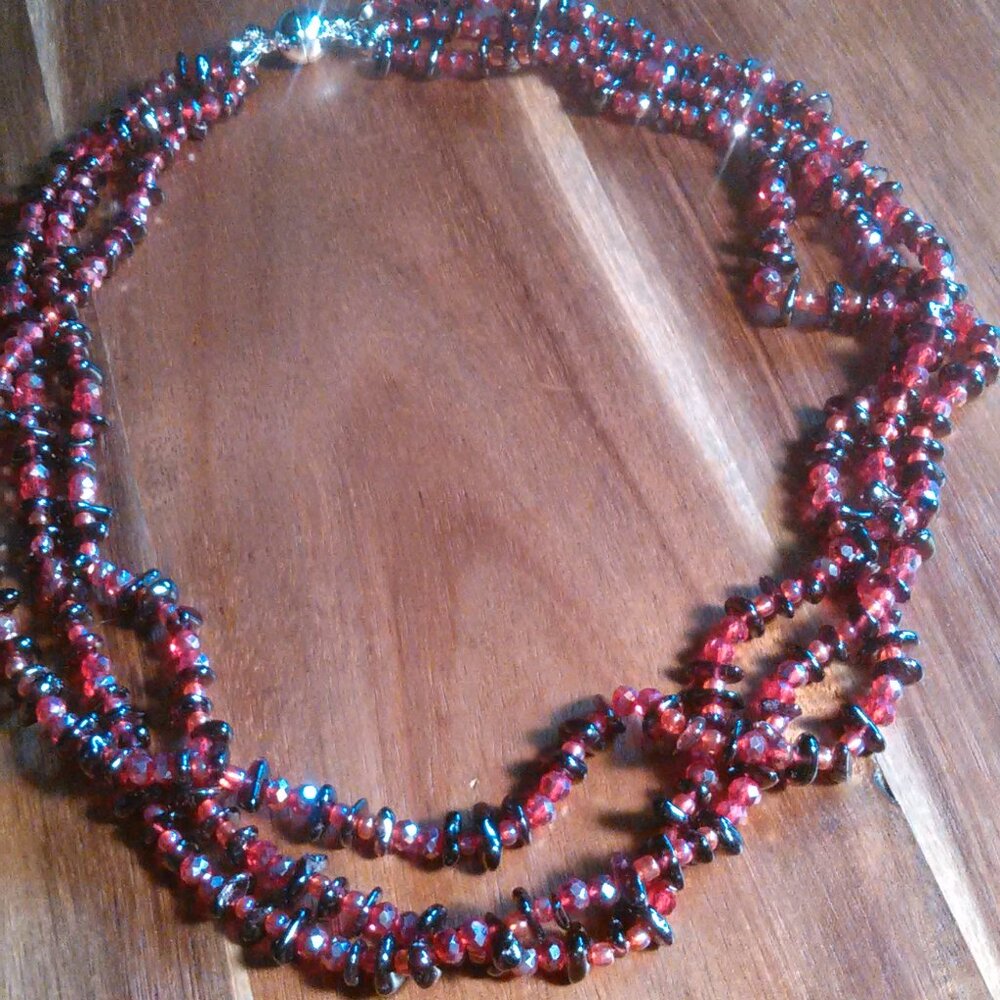 Indian Garnet and Seed Bead Triple Strand Magnetic Clasp Necklace